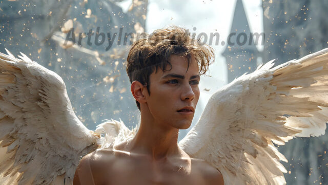 AI male art photos with a fantastical atmosphere. Imagine a Hogwarts School of Witchcraft student, from the Harry Potter series, a handsome, beautiful, and attractive, shirtless young teenage boy, standing firm against a threat. With a detailed Hogwarts castle background, casting a powerful spell, conjuring creatures based on their assigned house crest. From Demonic snakes, powerful lions, fierce badgers, or a murder of Crows. Dementors floating ominously in a cloudy sky, and sparks, shadows, and cinematic lighting, offering an otherworldly vibe.