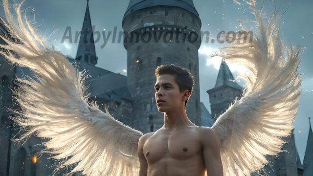 AI male art photos with a fantastical atmosphere. Imagine a Hogwarts School of Witchcraft student, from the Harry Potter series, a handsome, beautiful, and attractive, shirtless young teenage boy, standing firm against a threat. With a detailed Hogwarts castle background, casting a powerful spell, conjuring creatures based on their assigned house crest. From Demonic snakes, powerful lions, fierce badgers, or a murder of Crows. Dementors floating ominously in a cloudy sky, and sparks, shadows, and cinematic lighting, offering an otherworldly vibe.