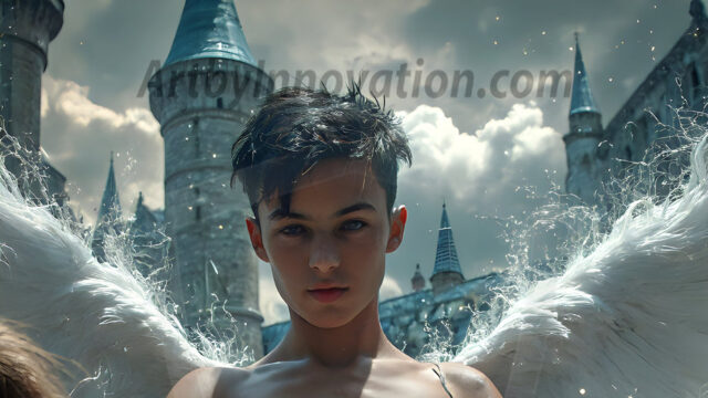 AI male art photos with a fantastical atmosphere. Imagine a Hogwarts School of Witchcraft student, from the Harry Potter series, a handsome, beautiful, and attractive, shirtless young teenage boy, standing firm against a threat. With a detailed Hogwarts castle background, casting a powerful spell, conjuring creatures based on their assigned house crest. From Demonic snakes, powerful lions, fierce badgers, or a murder of Crows. Dementors floating ominously in a cloudy sky, and sparks, shadows, and cinematic lighting, offering an otherworldly vibe.