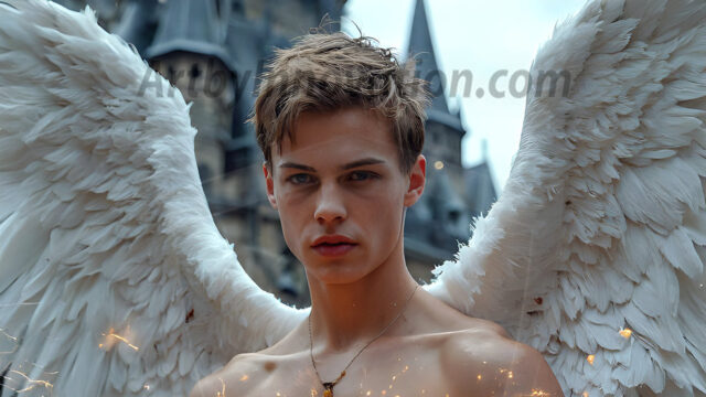 AI male art photos with a fantastical atmosphere. Imagine a Hogwarts School of Witchcraft student, from the Harry Potter series, a handsome, beautiful, and attractive, shirtless young teenage boy, standing firm against a threat. With a detailed Hogwarts castle background, casting a powerful spell, conjuring creatures based on their assigned house crest. From Demonic snakes, powerful lions, fierce badgers, or a murder of Crows. Dementors floating ominously in a cloudy sky, and sparks, shadows, and cinematic lighting, offering an otherworldly vibe.