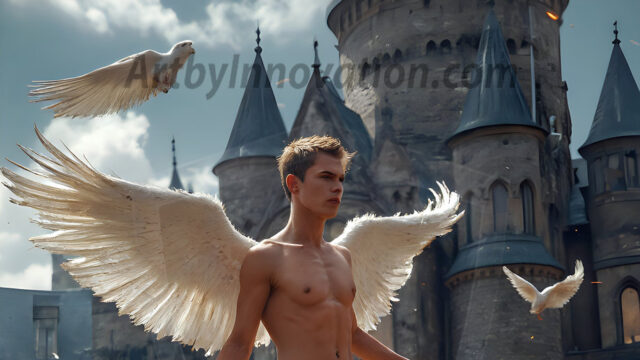 AI male art photos with a fantastical atmosphere. Imagine a Hogwarts School of Witchcraft student, from the Harry Potter series, a handsome, beautiful, and attractive, shirtless young teenage boy, standing firm against a threat. With a detailed Hogwarts castle background, casting a powerful spell, conjuring creatures based on their assigned house crest. From Demonic snakes, powerful lions, fierce badgers, or a murder of Crows. Dementors floating ominously in a cloudy sky, and sparks, shadows, and cinematic lighting, offering an otherworldly vibe.