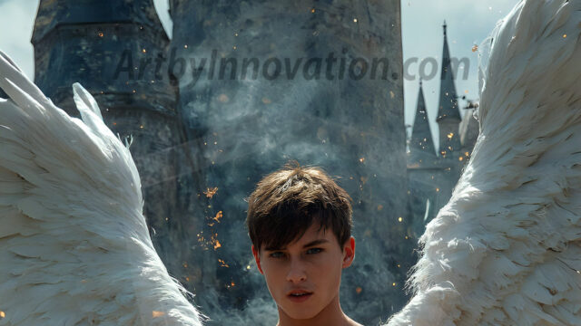 AI male art photos with a fantastical atmosphere. Imagine a Hogwarts School of Witchcraft student, from the Harry Potter series, a handsome, beautiful, and attractive, shirtless young teenage boy, standing firm against a threat. With a detailed Hogwarts castle background, casting a powerful spell, conjuring creatures based on their assigned house crest. From Demonic snakes, powerful lions, fierce badgers, or a murder of Crows. Dementors floating ominously in a cloudy sky, and sparks, shadows, and cinematic lighting, offering an otherworldly vibe.