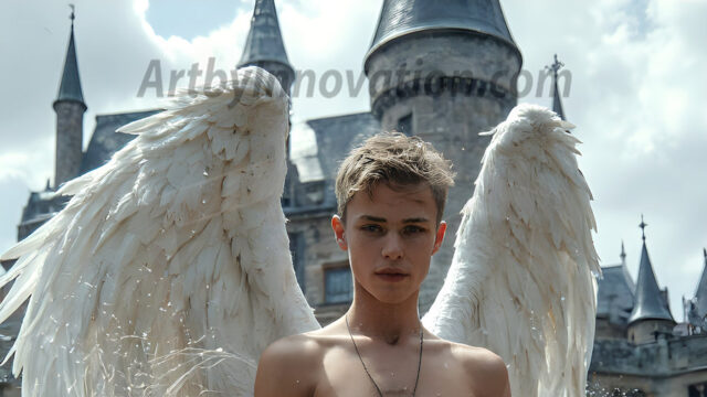 AI male art photos with a fantastical atmosphere. Imagine a Hogwarts School of Witchcraft student, from the Harry Potter series, a handsome, beautiful, and attractive, shirtless young teenage boy, standing firm against a threat. With a detailed Hogwarts castle background, casting a powerful spell, conjuring creatures based on their assigned house crest. From Demonic snakes, powerful lions, fierce badgers, or a murder of Crows. Dementors floating ominously in a cloudy sky, and sparks, shadows, and cinematic lighting, offering an otherworldly vibe.