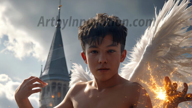 AI male art photos with a fantastical atmosphere. Imagine a Hogwarts School of Witchcraft student, from the Harry Potter series, a handsome, beautiful, and attractive, shirtless young teenage boy, standing firm against a threat. With a detailed Hogwarts castle background, casting a powerful spell, conjuring creatures based on their assigned house crest. From Demonic snakes, powerful lions, fierce badgers, or a murder of Crows. Dementors floating ominously in a cloudy sky, and sparks, shadows, and cinematic lighting, offering an otherworldly vibe.