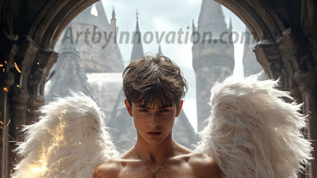 AI male art photos with a fantastical atmosphere. Imagine a Hogwarts School of Witchcraft student, from the Harry Potter series, a handsome, beautiful, and attractive, shirtless young teenage boy, standing firm against a threat. With a detailed Hogwarts castle background, casting a powerful spell, conjuring creatures based on their assigned house crest. From Demonic snakes, powerful lions, fierce badgers, or a murder of Crows. Dementors floating ominously in a cloudy sky, and sparks, shadows, and cinematic lighting, offering an otherworldly vibe.