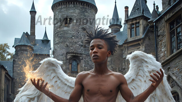 AI male art photos with a fantastical atmosphere. Imagine a Hogwarts School of Witchcraft student, from the Harry Potter series, a handsome, beautiful, and attractive, shirtless young teenage boy, standing firm against a threat. With a detailed Hogwarts castle background, casting a powerful spell, conjuring creatures based on their assigned house crest. From Demonic snakes, powerful lions, fierce badgers, or a murder of Crows. Dementors floating ominously in a cloudy sky, and sparks, shadows, and cinematic lighting, offering an otherworldly vibe.