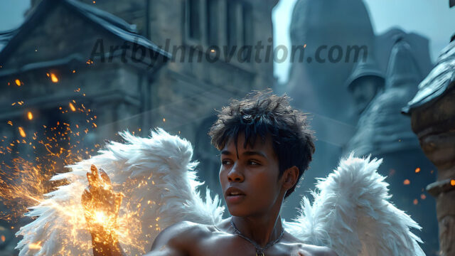 AI male art photos with a fantastical atmosphere. Imagine a Hogwarts School of Witchcraft student, from the Harry Potter series, a handsome, beautiful, and attractive, shirtless young teenage boy, standing firm against a threat. With a detailed Hogwarts castle background, casting a powerful spell, conjuring creatures based on their assigned house crest. From Demonic snakes, powerful lions, fierce badgers, or a murder of Crows. Dementors floating ominously in a cloudy sky, and sparks, shadows, and cinematic lighting, offering an otherworldly vibe.