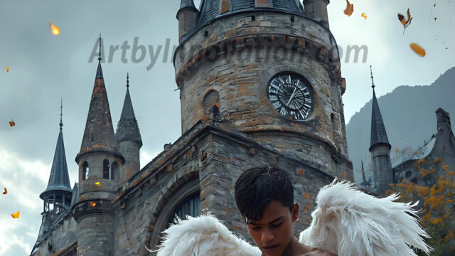 AI male art photos with a fantastical atmosphere. Imagine a Hogwarts School of Witchcraft student, from the Harry Potter series, a handsome, beautiful, and attractive, shirtless young teenage boy, standing firm against a threat. With a detailed Hogwarts castle background, casting a powerful spell, conjuring creatures based on their assigned house crest. From Demonic snakes, powerful lions, fierce badgers, or a murder of Crows. Dementors floating ominously in a cloudy sky, and sparks, shadows, and cinematic lighting, offering an otherworldly vibe.