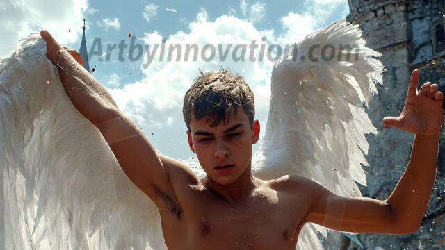 AI male art photos with a fantastical atmosphere. Imagine a Hogwarts School of Witchcraft student, from the Harry Potter series, a handsome, beautiful, and attractive, shirtless young teenage boy, standing firm against a threat. With a detailed Hogwarts castle background, casting a powerful spell, conjuring creatures based on their assigned house crest. From Demonic snakes, powerful lions, fierce badgers, or a murder of Crows. Dementors floating ominously in a cloudy sky, and sparks, shadows, and cinematic lighting, offering an otherworldly vibe.