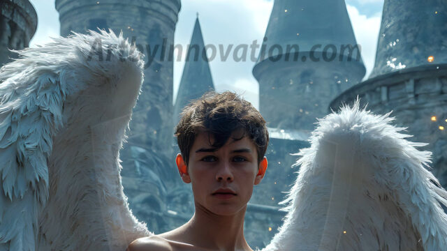 AI male art photos with a fantastical atmosphere. Imagine a Hogwarts School of Witchcraft student, from the Harry Potter series, a handsome, beautiful, and attractive, shirtless young teenage boy, standing firm against a threat. With a detailed Hogwarts castle background, casting a powerful spell, conjuring creatures based on their assigned house crest. From Demonic snakes, powerful lions, fierce badgers, or a murder of Crows. Dementors floating ominously in a cloudy sky, and sparks, shadows, and cinematic lighting, offering an otherworldly vibe.