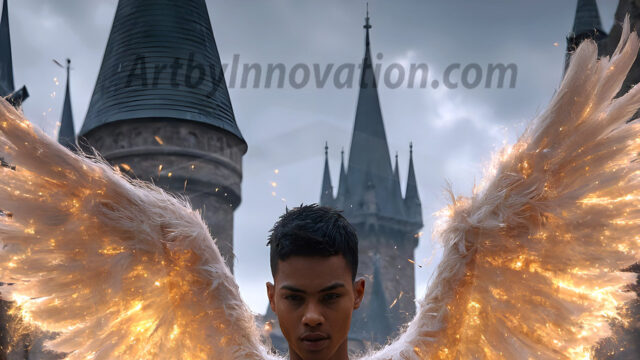 AI male art photos with a fantastical atmosphere. Imagine a Hogwarts School of Witchcraft student, from the Harry Potter series, a handsome, beautiful, and attractive, shirtless young teenage boy, standing firm against a threat. With a detailed Hogwarts castle background, casting a powerful spell, conjuring creatures based on their assigned house crest. From Demonic snakes, powerful lions, fierce badgers, or a murder of Crows. Dementors floating ominously in a cloudy sky, and sparks, shadows, and cinematic lighting, offering an otherworldly vibe.