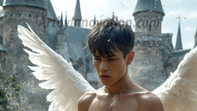 AI male art photos with a fantastical atmosphere. Imagine a Hogwarts School of Witchcraft student, from the Harry Potter series, a handsome, beautiful, and attractive, shirtless young teenage boy, standing firm against a threat. With a detailed Hogwarts castle background, casting a powerful spell, conjuring creatures based on their assigned house crest. From Demonic snakes, powerful lions, fierce badgers, or a murder of Crows. Dementors floating ominously in a cloudy sky, and sparks, shadows, and cinematic lighting, offering an otherworldly vibe.