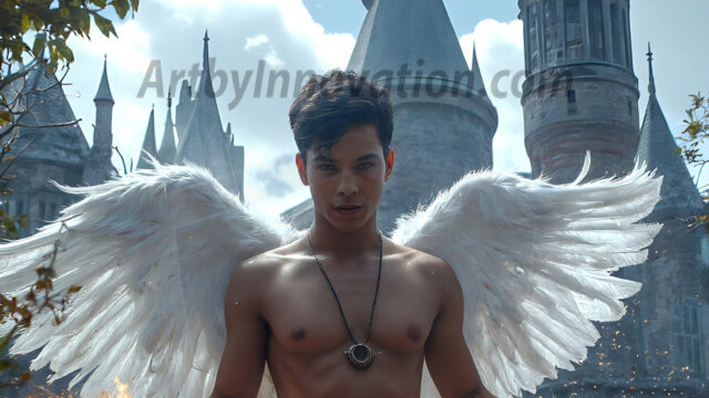 AI male art photos with a fantastical atmosphere. Imagine a Hogwarts School of Witchcraft student, from the Harry Potter series, a handsome, beautiful, and attractive, shirtless young teenage boy, standing firm against a threat. With a detailed Hogwarts castle background, casting a powerful spell, conjuring creatures based on their assigned house crest. From Demonic snakes, powerful lions, fierce badgers, or a murder of Crows. Dementors floating ominously in a cloudy sky, and sparks, shadows, and cinematic lighting, offering an otherworldly vibe.