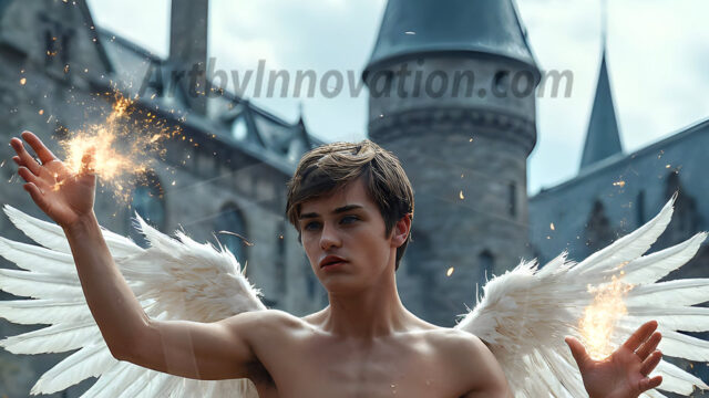 AI male art photos with a fantastical atmosphere. Imagine a Hogwarts School of Witchcraft student, from the Harry Potter series, a handsome, beautiful, and attractive, shirtless young teenage boy, standing firm against a threat. With a detailed Hogwarts castle background, casting a powerful spell, conjuring creatures based on their assigned house crest. From Demonic snakes, powerful lions, fierce badgers, or a murder of Crows. Dementors floating ominously in a cloudy sky, and sparks, shadows, and cinematic lighting, offering an otherworldly vibe.
