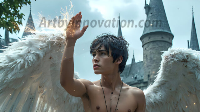 AI male art photos with a fantastical atmosphere. Imagine a Hogwarts School of Witchcraft student, from the Harry Potter series, a handsome, beautiful, and attractive, shirtless young teenage boy, standing firm against a threat. With a detailed Hogwarts castle background, casting a powerful spell, conjuring creatures based on their assigned house crest. From Demonic snakes, powerful lions, fierce badgers, or a murder of Crows. Dementors floating ominously in a cloudy sky, and sparks, shadows, and cinematic lighting, offering an otherworldly vibe.