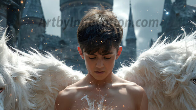 AI male art photos with a fantastical atmosphere. Imagine a Hogwarts School of Witchcraft student, from the Harry Potter series, a handsome, beautiful, and attractive, shirtless young teenage boy, standing firm against a threat. With a detailed Hogwarts castle background, casting a powerful spell, conjuring creatures based on their assigned house crest. From Demonic snakes, powerful lions, fierce badgers, or a murder of Crows. Dementors floating ominously in a cloudy sky, and sparks, shadows, and cinematic lighting, offering an otherworldly vibe.