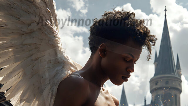 AI male art photos with a fantastical atmosphere. Imagine a Hogwarts School of Witchcraft student, from the Harry Potter series, a handsome, beautiful, and attractive, shirtless young teenage boy, standing firm against a threat. With a detailed Hogwarts castle background, casting a powerful spell, conjuring creatures based on their assigned house crest. From Demonic snakes, powerful lions, fierce badgers, or a murder of Crows. Dementors floating ominously in a cloudy sky, and sparks, shadows, and cinematic lighting, offering an otherworldly vibe.