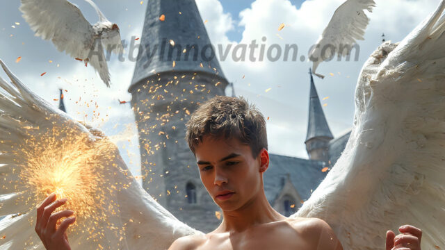 AI male art photos with a fantastical atmosphere. Imagine a Hogwarts School of Witchcraft student, from the Harry Potter series, a handsome, beautiful, and attractive, shirtless young teenage boy, standing firm against a threat. With a detailed Hogwarts castle background, casting a powerful spell, conjuring creatures based on their assigned house crest. From Demonic snakes, powerful lions, fierce badgers, or a murder of Crows. Dementors floating ominously in a cloudy sky, and sparks, shadows, and cinematic lighting, offering an otherworldly vibe.