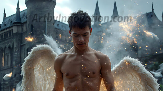 AI male art photos with a fantastical atmosphere. Imagine a Hogwarts School of Witchcraft student, from the Harry Potter series, a handsome, beautiful, and attractive, shirtless young teenage boy, standing firm against a threat. With a detailed Hogwarts castle background, casting a powerful spell, conjuring creatures based on their assigned house crest. From Demonic snakes, powerful lions, fierce badgers, or a murder of Crows. Dementors floating ominously in a cloudy sky, and sparks, shadows, and cinematic lighting, offering an otherworldly vibe.