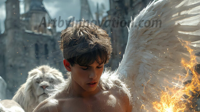 AI male art photos with a fantastical atmosphere. Imagine a Hogwarts School of Witchcraft student, from the Harry Potter series, a handsome, beautiful, and attractive, shirtless young teenage boy, standing firm against a threat. With a detailed Hogwarts castle background, casting a powerful spell, conjuring creatures based on their assigned house crest. From Demonic snakes, powerful lions, fierce badgers, or a murder of Crows. Dementors floating ominously in a cloudy sky, and sparks, shadows, and cinematic lighting, offering an otherworldly vibe.