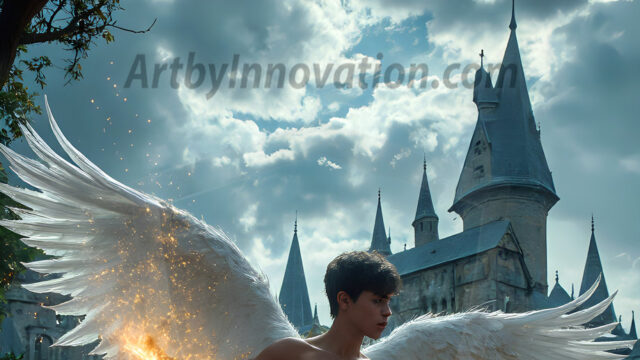AI male art photos with a fantastical atmosphere. Imagine a Hogwarts School of Witchcraft student, from the Harry Potter series, a handsome, beautiful, and attractive, shirtless young teenage boy, standing firm against a threat. With a detailed Hogwarts castle background, casting a powerful spell, conjuring creatures based on their assigned house crest. From Demonic snakes, powerful lions, fierce badgers, or a murder of Crows. Dementors floating ominously in a cloudy sky, and sparks, shadows, and cinematic lighting, offering an otherworldly vibe.