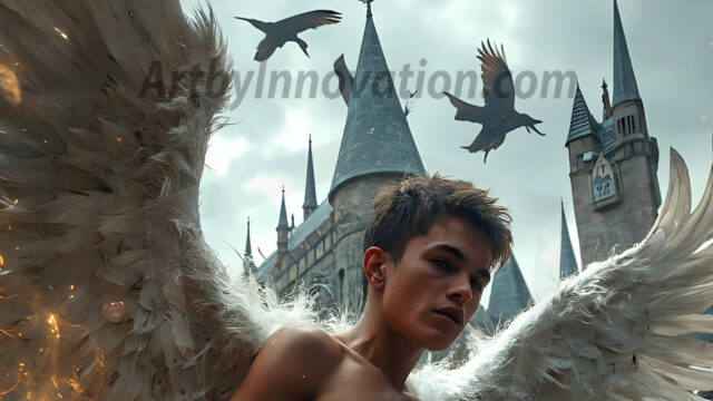 AI male art photos with a fantastical atmosphere. Imagine a Hogwarts School of Witchcraft student, from the Harry Potter series, a handsome, beautiful, and attractive, shirtless young teenage boy, standing firm against a threat. With a detailed Hogwarts castle background, casting a powerful spell, conjuring creatures based on their assigned house crest. From Demonic snakes, powerful lions, fierce badgers, or a murder of Crows. Dementors floating ominously in a cloudy sky, and sparks, shadows, and cinematic lighting, offering an otherworldly vibe.