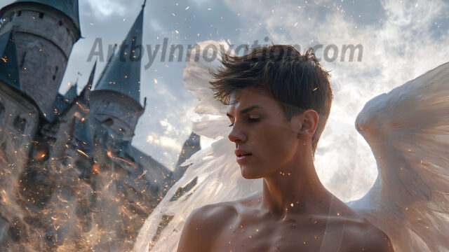 AI male art photos with a fantastical atmosphere. Imagine a Hogwarts School of Witchcraft student, from the Harry Potter series, a handsome, beautiful, and attractive, shirtless young teenage boy, standing firm against a threat. With a detailed Hogwarts castle background, casting a powerful spell, conjuring creatures based on their assigned house crest. From Demonic snakes, powerful lions, fierce badgers, or a murder of Crows. Dementors floating ominously in a cloudy sky, and sparks, shadows, and cinematic lighting, offering an otherworldly vibe.