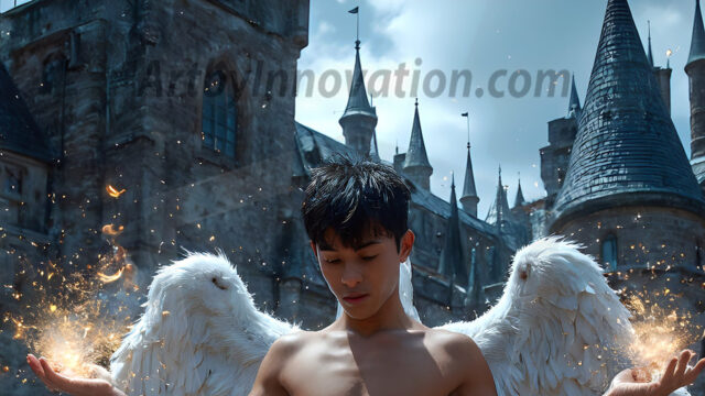 AI male art photos with a fantastical atmosphere. Imagine a Hogwarts School of Witchcraft student, from the Harry Potter series, a handsome, beautiful, and attractive, shirtless young teenage boy, standing firm against a threat. With a detailed Hogwarts castle background, casting a powerful spell, conjuring creatures based on their assigned house crest. From Demonic snakes, powerful lions, fierce badgers, or a murder of Crows. Dementors floating ominously in a cloudy sky, and sparks, shadows, and cinematic lighting, offering an otherworldly vibe.