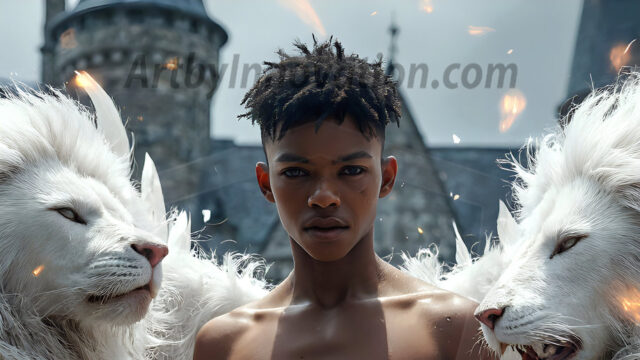 AI male art photos with a fantastical atmosphere. Imagine a Hogwarts School of Witchcraft student, from the Harry Potter series, a handsome, beautiful, and attractive, shirtless young teenage boy, standing firm against a threat. With a detailed Hogwarts castle background, casting a powerful spell, conjuring creatures based on their assigned house crest. From Demonic snakes, powerful lions, fierce badgers, or a murder of Crows. Dementors floating ominously in a cloudy sky, and sparks, shadows, and cinematic lighting, offering an otherworldly vibe.