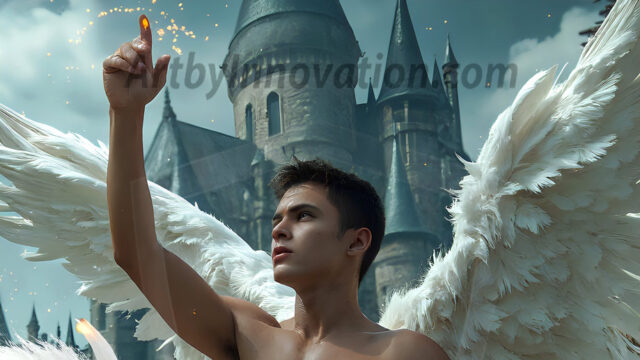 AI male art photos with a fantastical atmosphere. Imagine a Hogwarts School of Witchcraft student, from the Harry Potter series, a handsome, beautiful, and attractive, shirtless young teenage boy, standing firm against a threat. With a detailed Hogwarts castle background, casting a powerful spell, conjuring creatures based on their assigned house crest. From Demonic snakes, powerful lions, fierce badgers, or a murder of Crows. Dementors floating ominously in a cloudy sky, and sparks, shadows, and cinematic lighting, offering an otherworldly vibe.