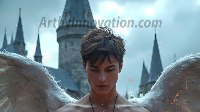 AI male art photos with a fantastical atmosphere. Imagine a Hogwarts School of Witchcraft student, from the Harry Potter series, a handsome, beautiful, and attractive, shirtless young teenage boy, standing firm against a threat. With a detailed Hogwarts castle background, casting a powerful spell, conjuring creatures based on their assigned house crest. From Demonic snakes, powerful lions, fierce badgers, or a murder of Crows. Dementors floating ominously in a cloudy sky, and sparks, shadows, and cinematic lighting, offering an otherworldly vibe.