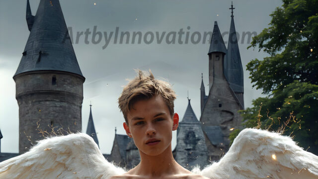 AI male art photos with a fantastical atmosphere. Imagine a Hogwarts School of Witchcraft student, from the Harry Potter series, a handsome, beautiful, and attractive, shirtless young teenage boy, standing firm against a threat. With a detailed Hogwarts castle background, casting a powerful spell, conjuring creatures based on their assigned house crest. From Demonic snakes, powerful lions, fierce badgers, or a murder of Crows. Dementors floating ominously in a cloudy sky, and sparks, shadows, and cinematic lighting, offering an otherworldly vibe.