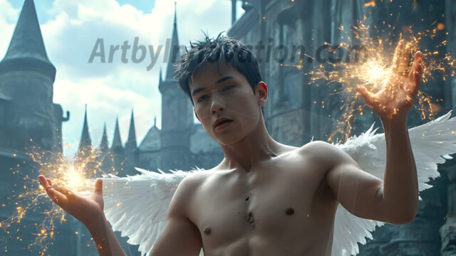 AI male art photos with a fantastical atmosphere. Imagine a Hogwarts School of Witchcraft student, from the Harry Potter series, a handsome, beautiful, and attractive, shirtless young teenage boy, standing firm against a threat. With a detailed Hogwarts castle background, casting a powerful spell, conjuring creatures based on their assigned house crest. From Demonic snakes, powerful lions, fierce badgers, or a murder of Crows. Dementors floating ominously in a cloudy sky, and sparks, shadows, and cinematic lighting, offering an otherworldly vibe.