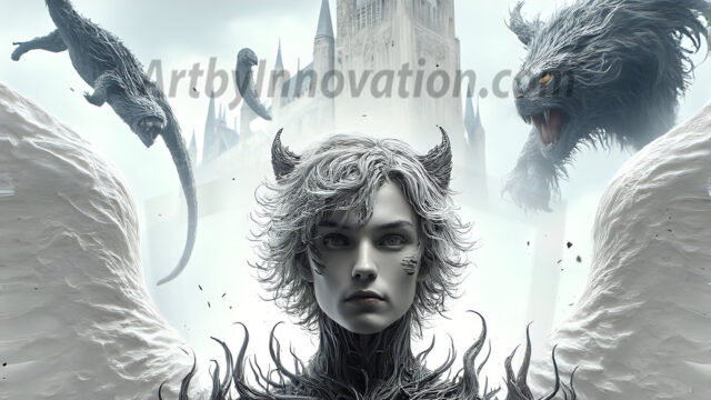 AI male art photos with a fantastical atmosphere. Imagine a Hogwarts School of Witchcraft student, from the Harry Potter series, a handsome, beautiful, and attractive, shirtless young teenage boy, standing firm against a threat. With a detailed Hogwarts castle background, casting a powerful spell, conjuring creatures based on their assigned house crest. From Demonic snakes, powerful lions, fierce badgers, or a murder of Crows. Dementors floating ominously in a cloudy sky, and sparks, shadows, and cinematic lighting, offering an otherworldly vibe.