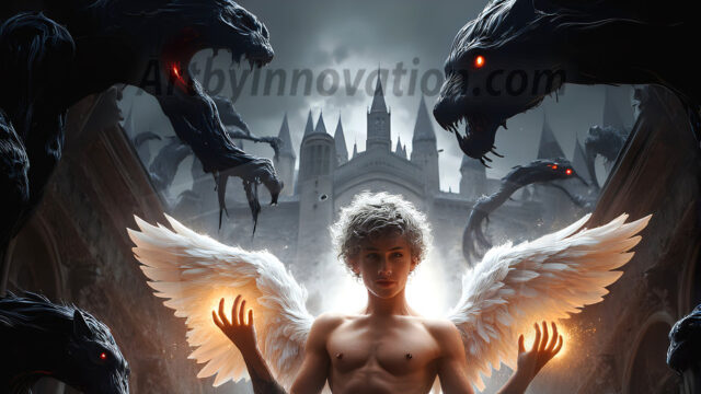 AI male art photos with a fantastical atmosphere. Imagine a Hogwarts School of Witchcraft student, from the Harry Potter series, a handsome, beautiful, and attractive, shirtless young teenage boy, standing firm against a threat. With a detailed Hogwarts castle background, casting a powerful spell, conjuring creatures based on their assigned house crest. From Demonic snakes, powerful lions, fierce badgers, or a murder of Crows. Dementors floating ominously in a cloudy sky, and sparks, shadows, and cinematic lighting, offering an otherworldly vibe.