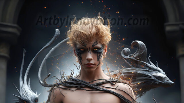 AI male art photos with a fantastical atmosphere. Imagine a Hogwarts School of Witchcraft student, from the Harry Potter series, a handsome, beautiful, and attractive, shirtless young teenage boy, standing firm against a threat. With a detailed Hogwarts castle background, casting a powerful spell, conjuring creatures based on their assigned house crest. From Demonic snakes, powerful lions, fierce badgers, or a murder of Crows. Dementors floating ominously in a cloudy sky, and sparks, shadows, and cinematic lighting, offering an otherworldly vibe.