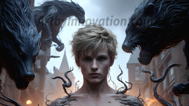 AI male art photos with a fantastical atmosphere. Imagine a Hogwarts School of Witchcraft student, from the Harry Potter series, a handsome, beautiful, and attractive, shirtless young teenage boy, standing firm against a threat. With a detailed Hogwarts castle background, casting a powerful spell, conjuring creatures based on their assigned house crest. From Demonic snakes, powerful lions, fierce badgers, or a murder of Crows. Dementors floating ominously in a cloudy sky, and sparks, shadows, and cinematic lighting, offering an otherworldly vibe.