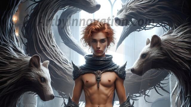 AI male art photos with a fantastical atmosphere. Imagine a Hogwarts School of Witchcraft student, from the Harry Potter series, a handsome, beautiful, and attractive, shirtless young teenage boy, standing firm against a threat. With a detailed Hogwarts castle background, casting a powerful spell, conjuring creatures based on their assigned house crest. From Demonic snakes, powerful lions, fierce badgers, or a murder of Crows. Dementors floating ominously in a cloudy sky, and sparks, shadows, and cinematic lighting, offering an otherworldly vibe.