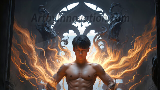 AI male art photos with a fantastical atmosphere. Imagine a Hogwarts School of Witchcraft student, from the Harry Potter series, a handsome, beautiful, and attractive, shirtless young teenage boy, standing firm against a threat. With a detailed Hogwarts castle background, casting a powerful spell, conjuring creatures based on their assigned house crest. From Demonic snakes, powerful lions, fierce badgers, or a murder of Crows. Dementors floating ominously in a cloudy sky, and sparks, shadows, and cinematic lighting, offering an otherworldly vibe.