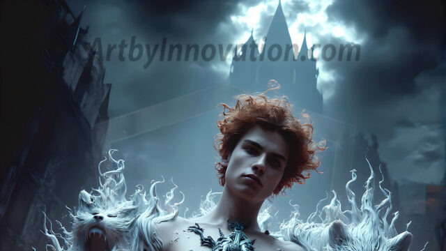 AI male art photos with a fantastical atmosphere. Imagine a Hogwarts School of Witchcraft student, from the Harry Potter series, a handsome, beautiful, and attractive, shirtless young teenage boy, standing firm against a threat. With a detailed Hogwarts castle background, casting a powerful spell, conjuring creatures based on their assigned house crest. From Demonic snakes, powerful lions, fierce badgers, or a murder of Crows. Dementors floating ominously in a cloudy sky, and sparks, shadows, and cinematic lighting, offering an otherworldly vibe.