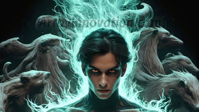 AI male art photos with a fantastical atmosphere. Imagine a Hogwarts School of Witchcraft student, from the Harry Potter series, a handsome, beautiful, and attractive, shirtless young teenage boy, standing firm against a threat. With a detailed Hogwarts castle background, casting a powerful spell, conjuring creatures based on their assigned house crest. From Demonic snakes, powerful lions, fierce badgers, or a murder of Crows. Dementors floating ominously in a cloudy sky, and sparks, shadows, and cinematic lighting, offering an otherworldly vibe.