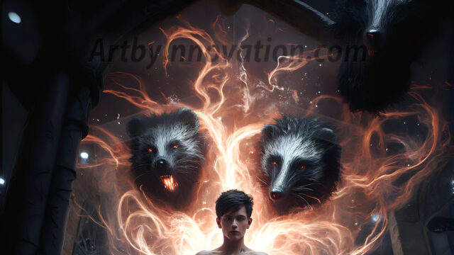 AI male art photos with a fantastical atmosphere. Imagine a Hogwarts School of Witchcraft student, from the Harry Potter series, a handsome, beautiful, and attractive, shirtless young teenage boy, standing firm against a threat. With a detailed Hogwarts castle background, casting a powerful spell, conjuring creatures based on their assigned house crest. From Demonic snakes, powerful lions, fierce badgers, or a murder of Crows. Dementors floating ominously in a cloudy sky, and sparks, shadows, and cinematic lighting, offering an otherworldly vibe.