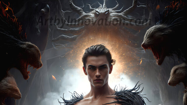 AI male art photos with a fantastical atmosphere. Imagine a Hogwarts School of Witchcraft student, from the Harry Potter series, a handsome, beautiful, and attractive, shirtless young teenage boy, standing firm against a threat. With a detailed Hogwarts castle background, casting a powerful spell, conjuring creatures based on their assigned house crest. From Demonic snakes, powerful lions, fierce badgers, or a murder of Crows. Dementors floating ominously in a cloudy sky, and sparks, shadows, and cinematic lighting, offering an otherworldly vibe.