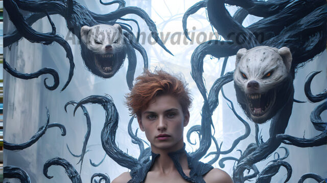 AI male art photos with a fantastical atmosphere. Imagine a Hogwarts School of Witchcraft student, from the Harry Potter series, a handsome, beautiful, and attractive, shirtless young teenage boy, standing firm against a threat. With a detailed Hogwarts castle background, casting a powerful spell, conjuring creatures based on their assigned house crest. From Demonic snakes, powerful lions, fierce badgers, or a murder of Crows. Dementors floating ominously in a cloudy sky, and sparks, shadows, and cinematic lighting, offering an otherworldly vibe.