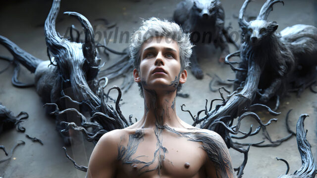 AI male art photos with a fantastical atmosphere. Imagine a Hogwarts School of Witchcraft student, from the Harry Potter series, a handsome, beautiful, and attractive, shirtless young teenage boy, standing firm against a threat. With a detailed Hogwarts castle background, casting a powerful spell, conjuring creatures based on their assigned house crest. From Demonic snakes, powerful lions, fierce badgers, or a murder of Crows. Dementors floating ominously in a cloudy sky, and sparks, shadows, and cinematic lighting, offering an otherworldly vibe.