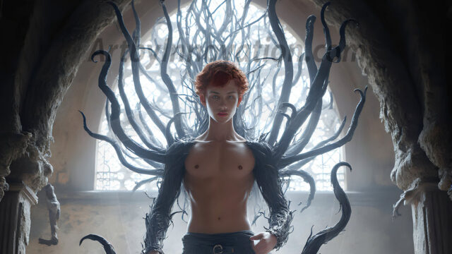 AI male art photos with a fantastical atmosphere. Imagine a Hogwarts School of Witchcraft student, from the Harry Potter series, a handsome, beautiful, and attractive, shirtless young teenage boy, standing firm against a threat. With a detailed Hogwarts castle background, casting a powerful spell, conjuring creatures based on their assigned house crest. From Demonic snakes, powerful lions, fierce badgers, or a murder of Crows. Dementors floating ominously in a cloudy sky, and sparks, shadows, and cinematic lighting, offering an otherworldly vibe.