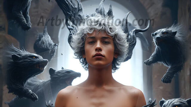 AI male art photos with a fantastical atmosphere. Imagine a Hogwarts School of Witchcraft student, from the Harry Potter series, a handsome, beautiful, and attractive, shirtless young teenage boy, standing firm against a threat. With a detailed Hogwarts castle background, casting a powerful spell, conjuring creatures based on their assigned house crest. From Demonic snakes, powerful lions, fierce badgers, or a murder of Crows. Dementors floating ominously in a cloudy sky, and sparks, shadows, and cinematic lighting, offering an otherworldly vibe.