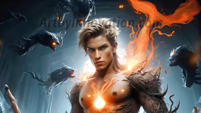 AI male art photos with a fantastical atmosphere. Imagine a Hogwarts School of Witchcraft student, from the Harry Potter series, a handsome, beautiful, and attractive, shirtless young teenage boy, standing firm against a threat. With a detailed Hogwarts castle background, casting a powerful spell, conjuring creatures based on their assigned house crest. From Demonic snakes, powerful lions, fierce badgers, or a murder of Crows. Dementors floating ominously in a cloudy sky, and sparks, shadows, and cinematic lighting, offering an otherworldly vibe.