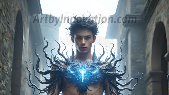 AI male art photos with a fantastical atmosphere. Imagine a Hogwarts School of Witchcraft student, from the Harry Potter series, a handsome, beautiful, and attractive, shirtless young teenage boy, standing firm against a threat. With a detailed Hogwarts castle background, casting a powerful spell, conjuring creatures based on their assigned house crest. From Demonic snakes, powerful lions, fierce badgers, or a murder of Crows. Dementors floating ominously in a cloudy sky, and sparks, shadows, and cinematic lighting, offering an otherworldly vibe.