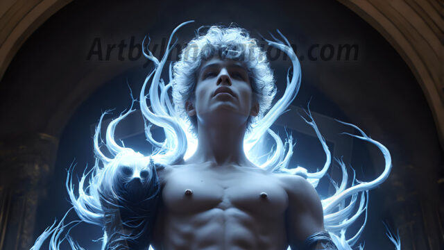 AI male art photos with a fantastical atmosphere. Imagine a Hogwarts School of Witchcraft student, from the Harry Potter series, a handsome, beautiful, and attractive, shirtless young teenage boy, standing firm against a threat. With a detailed Hogwarts castle background, casting a powerful spell, conjuring creatures based on their assigned house crest. From Demonic snakes, powerful lions, fierce badgers, or a murder of Crows. Dementors floating ominously in a cloudy sky, and sparks, shadows, and cinematic lighting, offering an otherworldly vibe.